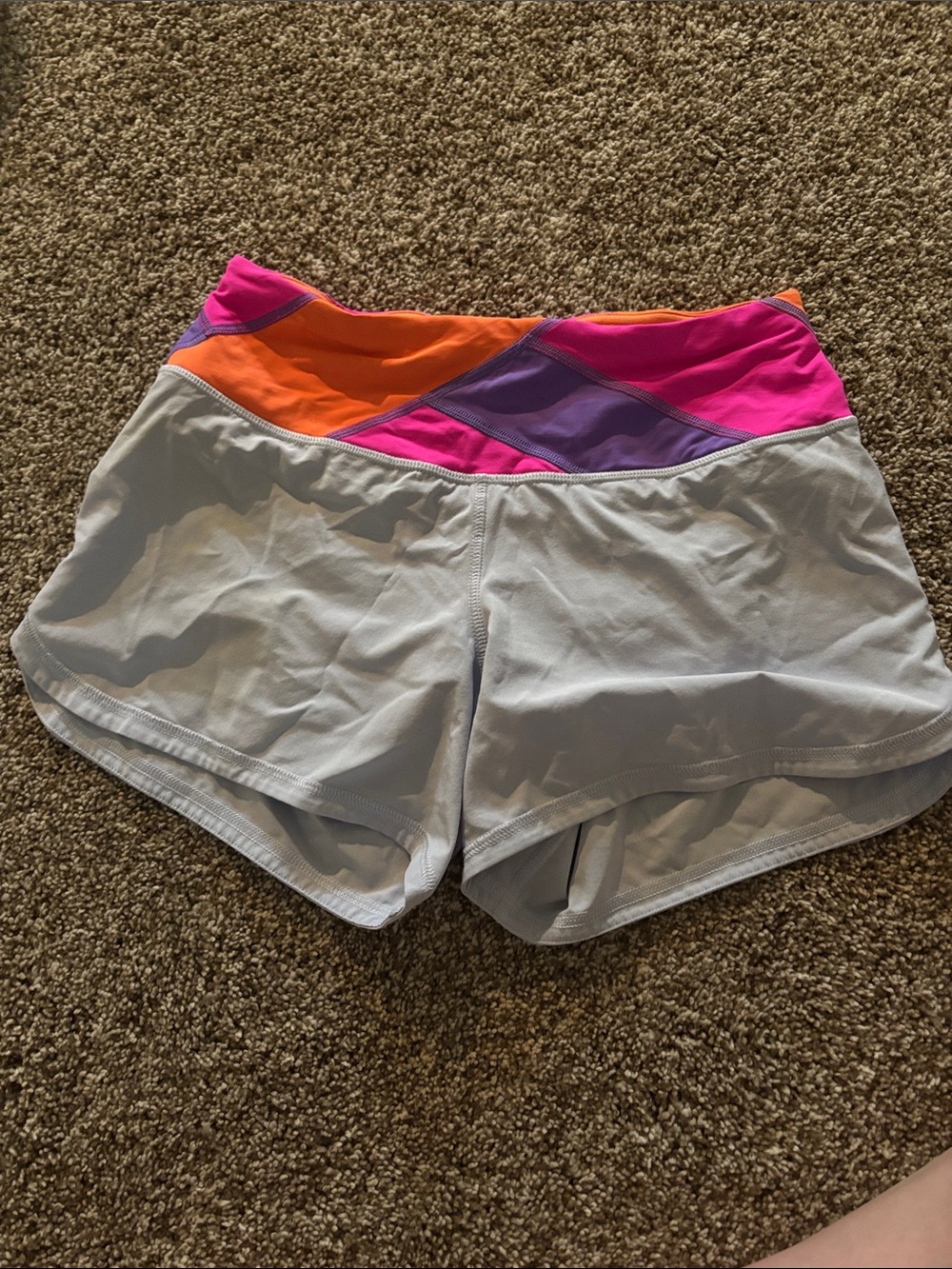 LululemonWomen’s Light Gray Athletic Shorts with Pink, Orange & Purple Waistband